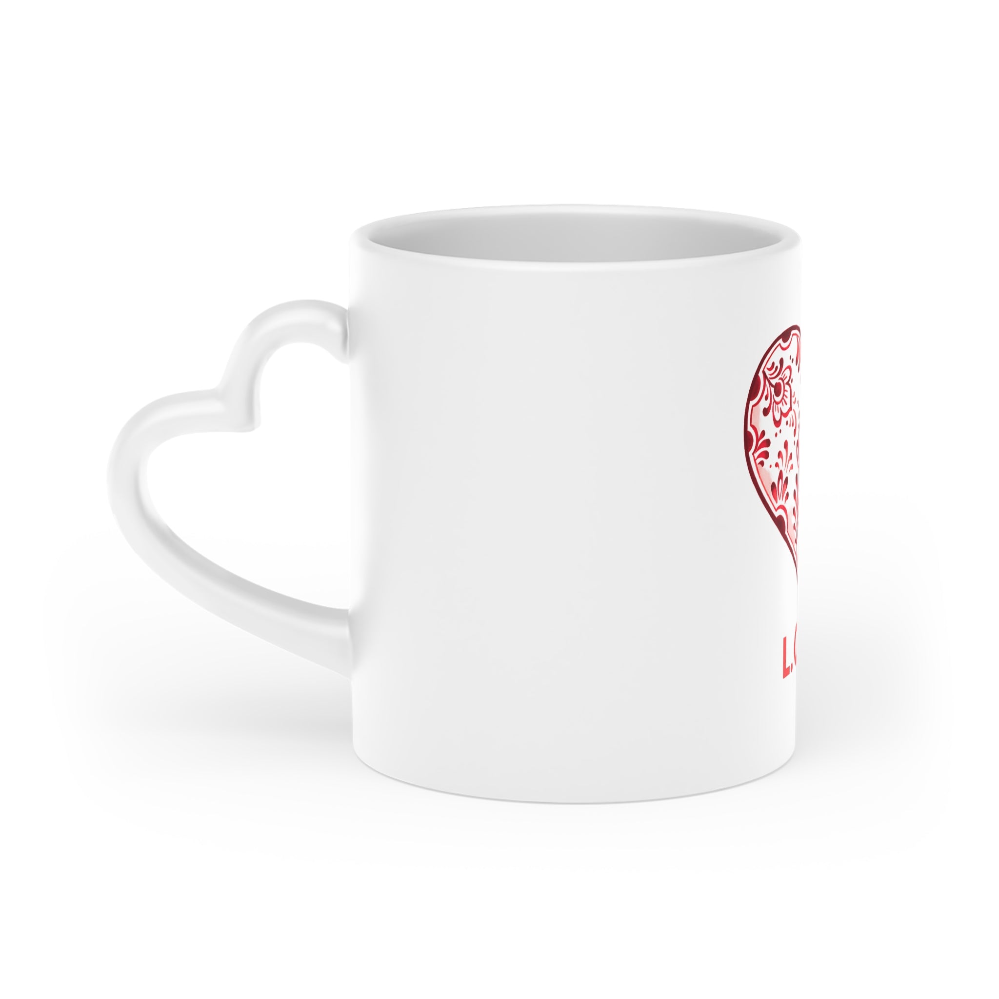 Heart Mug — Red Floral Heart Design with “L.O.V.E” — Valentine’s Day Gift Coffee Cup