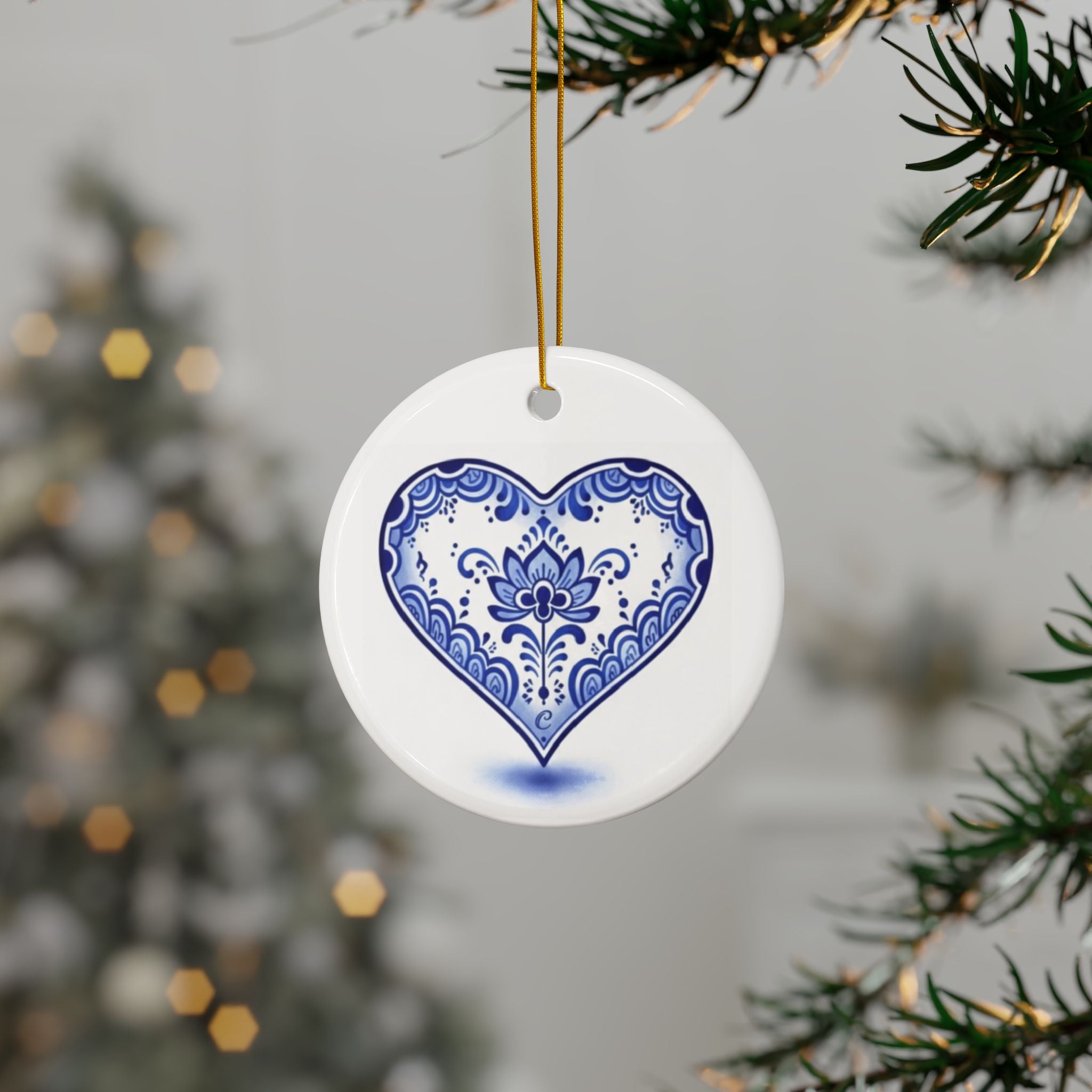 Blue Floral Heart Ceramic Ornament — Double-Sided Holiday & Gift Décor