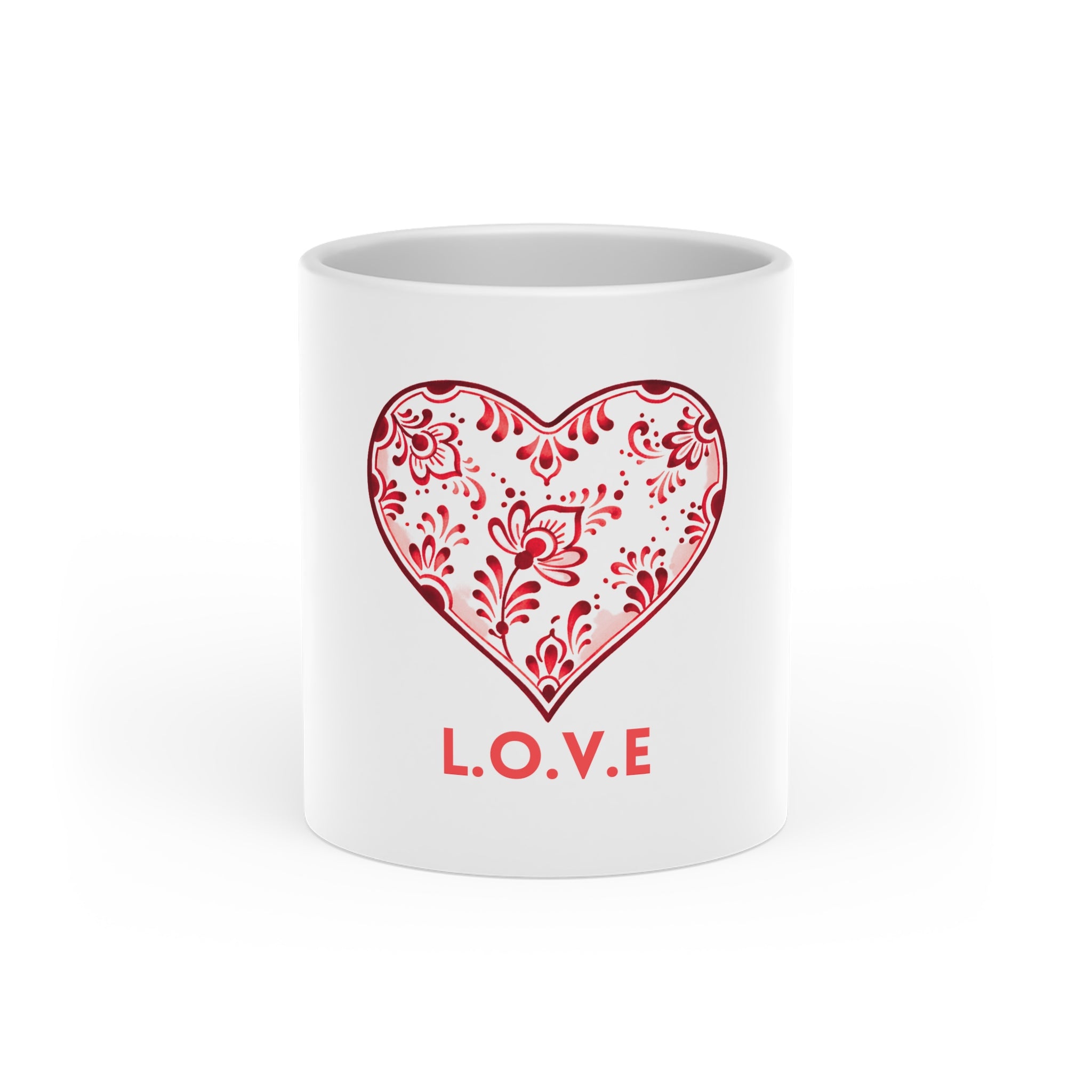 Heart Mug — Red Floral Heart Design with “L.O.V.E” — Valentine’s Day Gift Coffee Cup