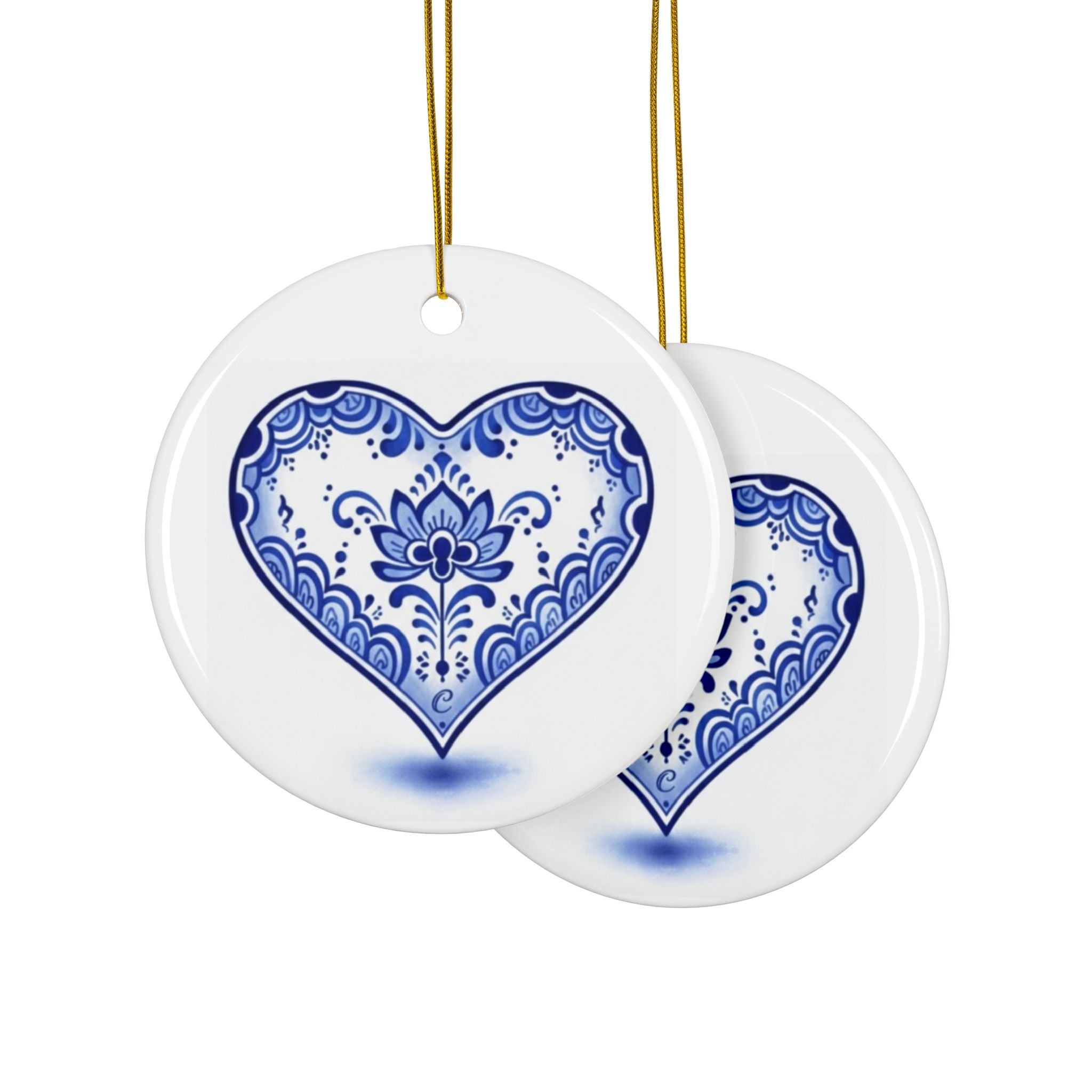 Blue Floral Heart Ceramic Ornament — Double-Sided Holiday & Gift Décor