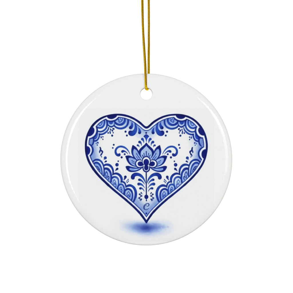 Keramisch ornament in de vorm van een blauw bloemenhart — Dubbelzijdig kerst- en cadeaudecoratie