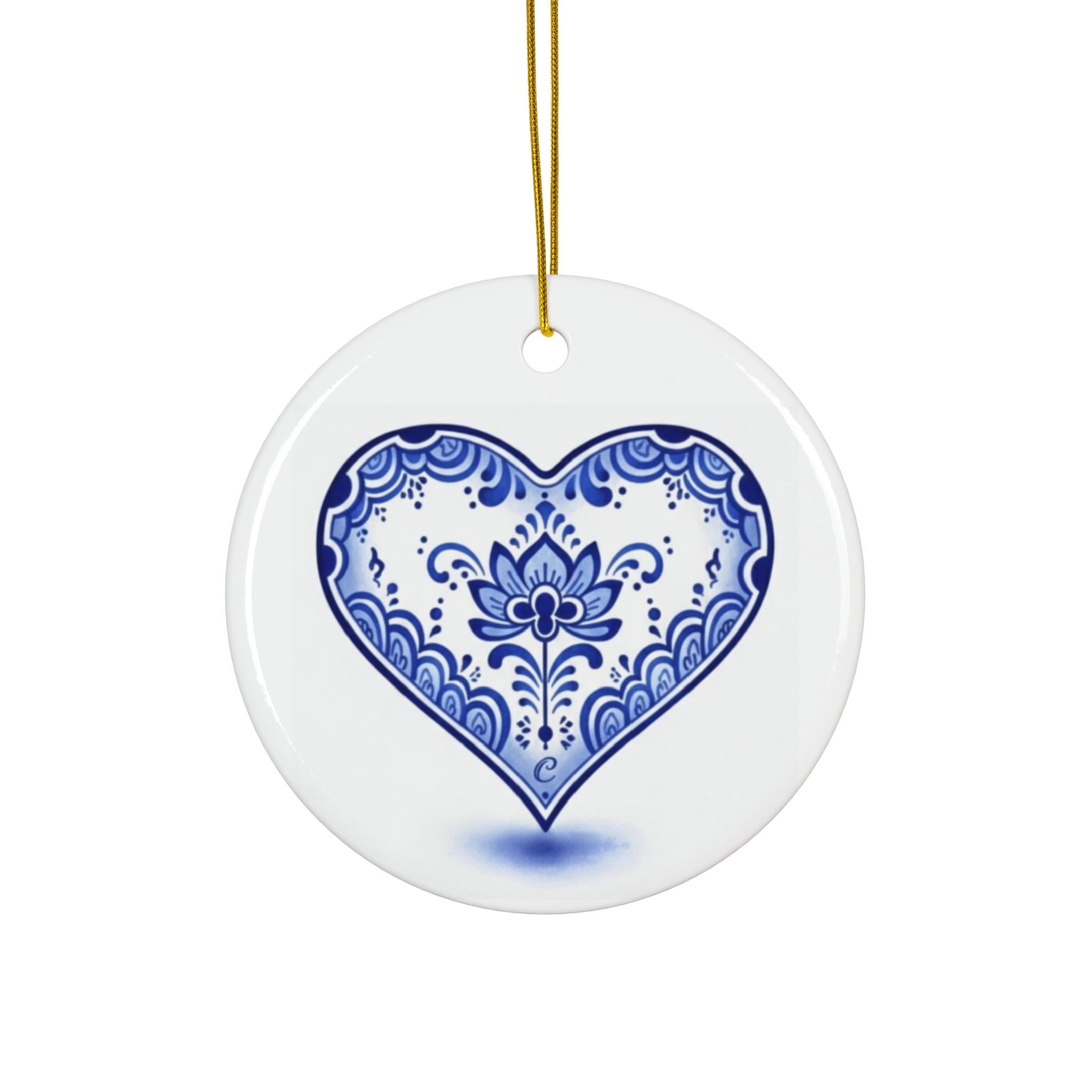 Blue Floral Heart Ceramic Ornament — Double-Sided Holiday & Gift Décor