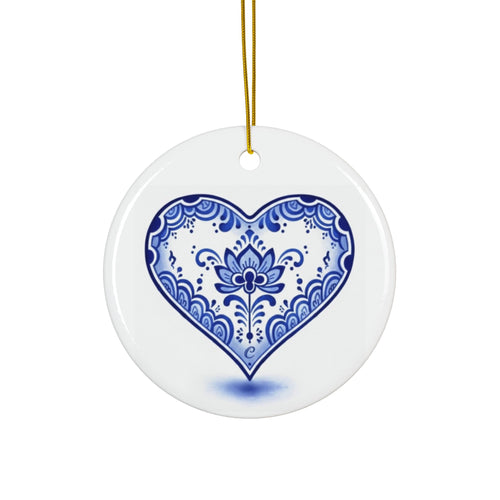 Blue Floral Heart Ceramic Ornament — Double-Sided Holiday & Gift Décor