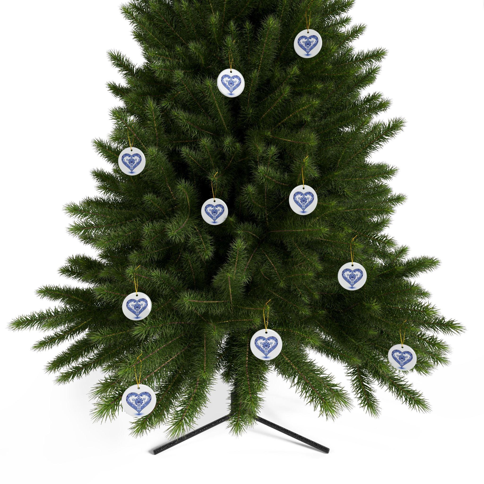 Blue Floral Heart Ceramic Ornament — Double-Sided Holiday & Gift Décor