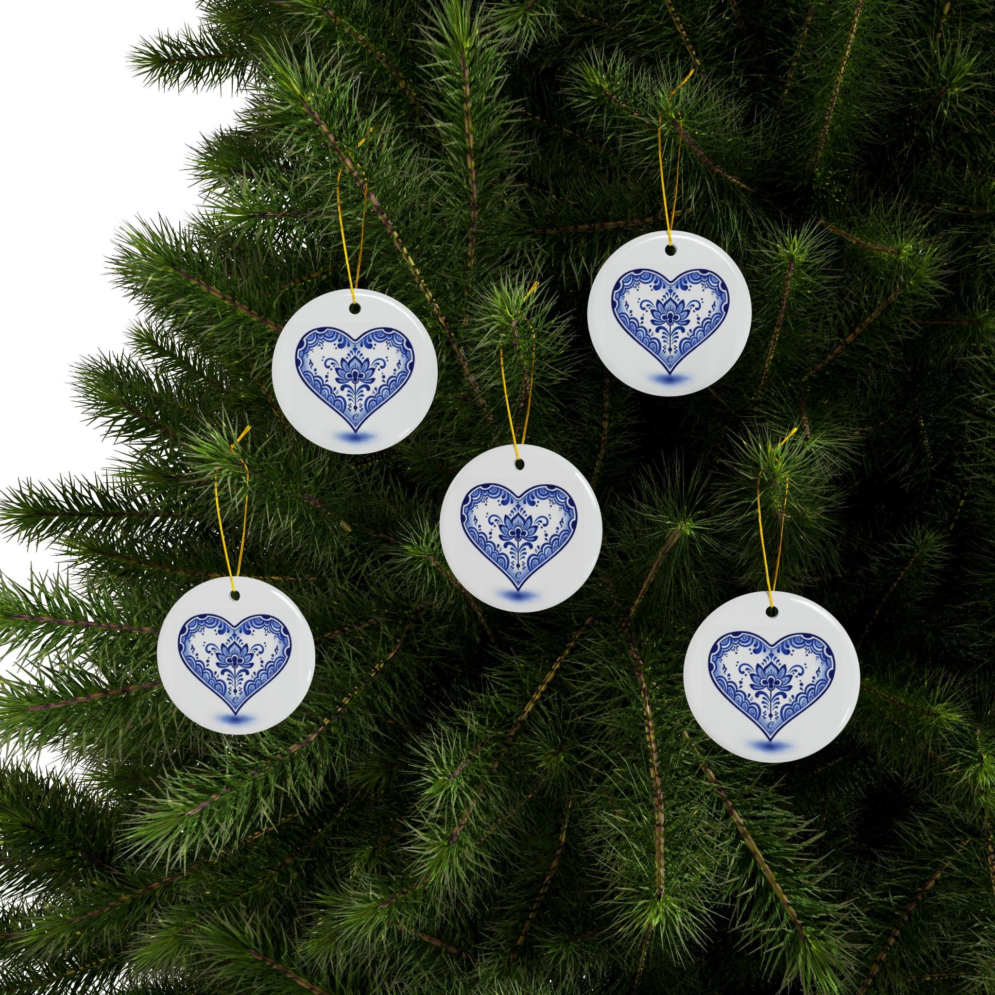 Blue Floral Heart Ceramic Ornament — Double-Sided Holiday & Gift Décor