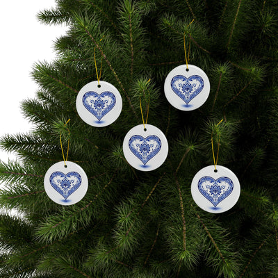 Blue Floral Heart Ceramic Ornament — Double-Sided Holiday & Gift Décor