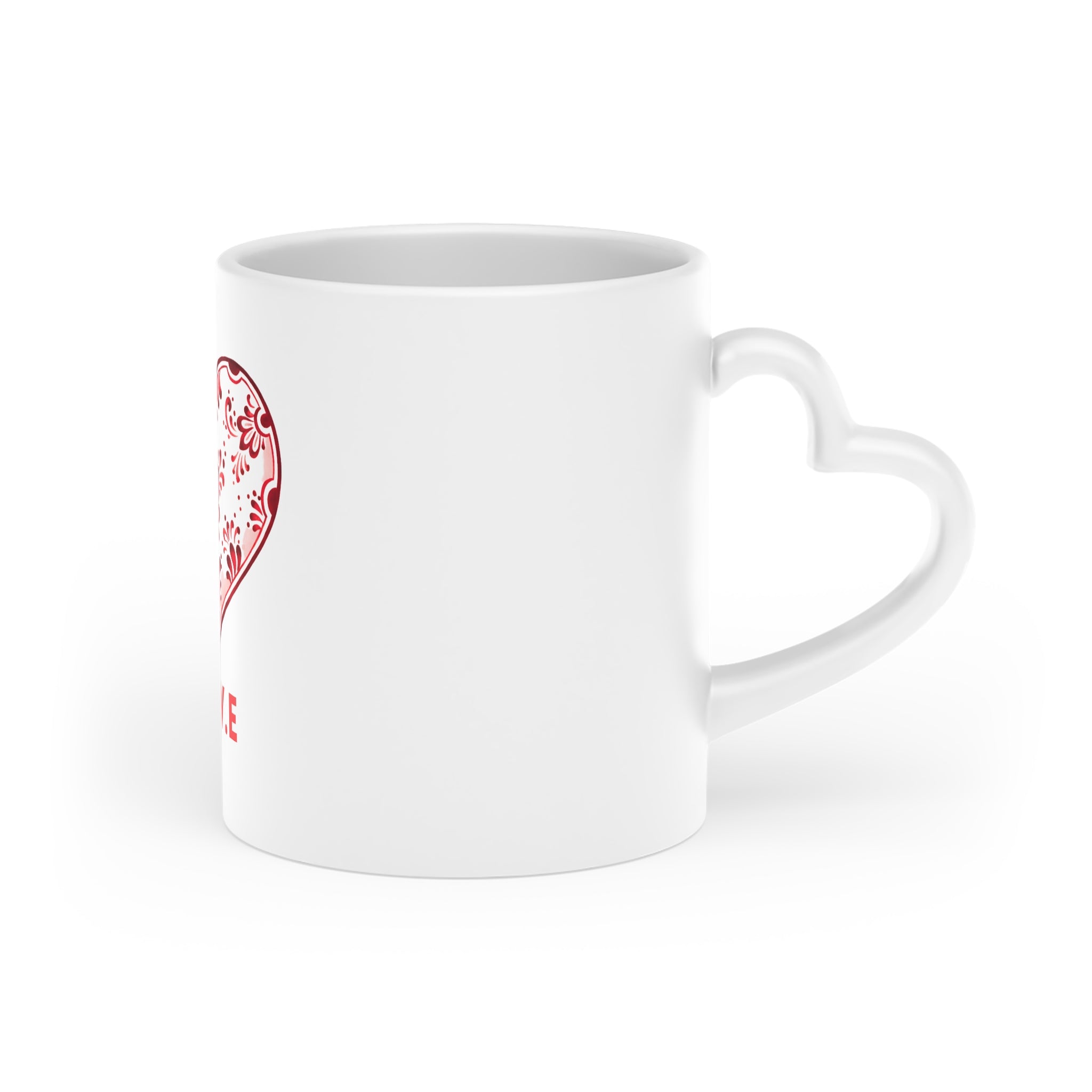 Heart Mug — Red Floral Heart Design with “L.O.V.E” — Valentine’s Day Gift Coffee Cup