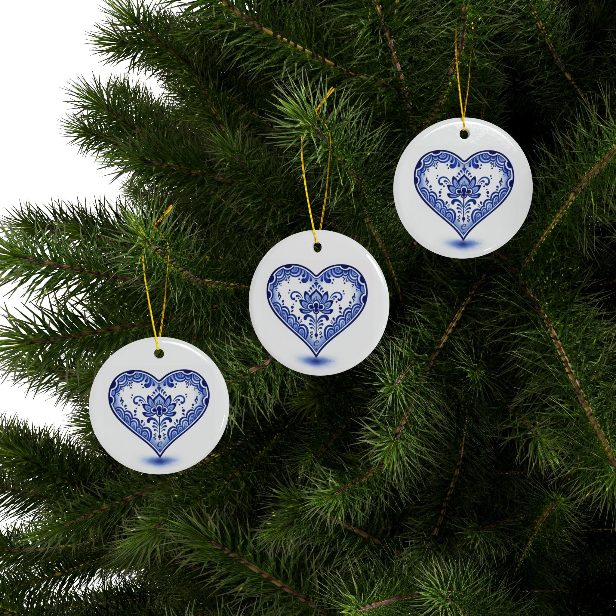 Blue Floral Heart Ceramic Ornament — Double-Sided Holiday & Gift Décor