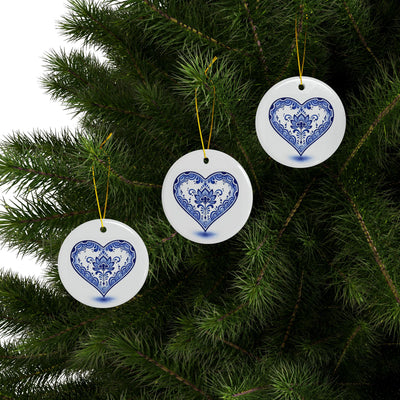 Blue Floral Heart Ceramic Ornament — Double-Sided Holiday & Gift Décor