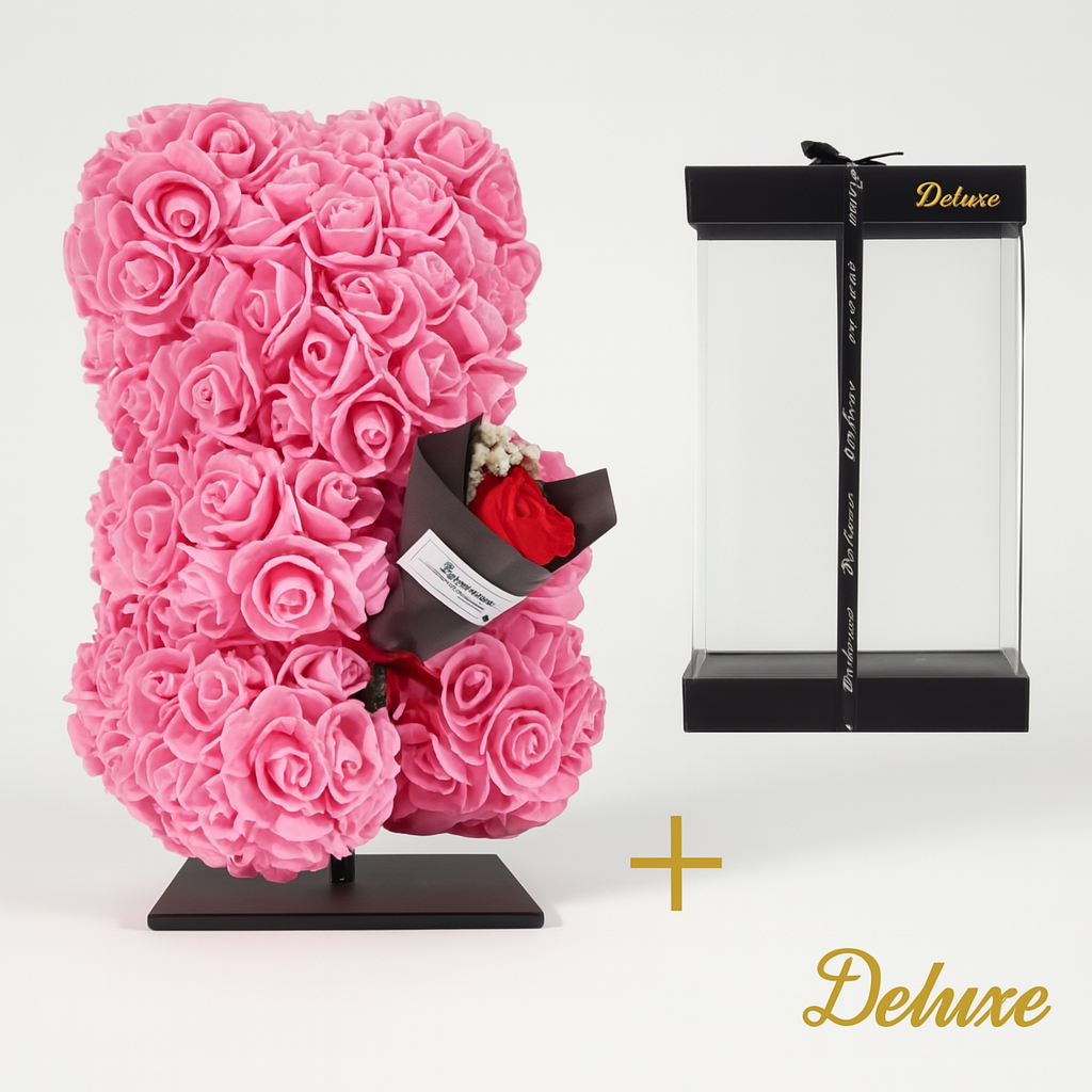 Beer DELUXE auf Ständer 25 cm – Rosa Schaumstoff  mit Blumenstrauß – in luxuriöser Geschenkverpackung 25 cm